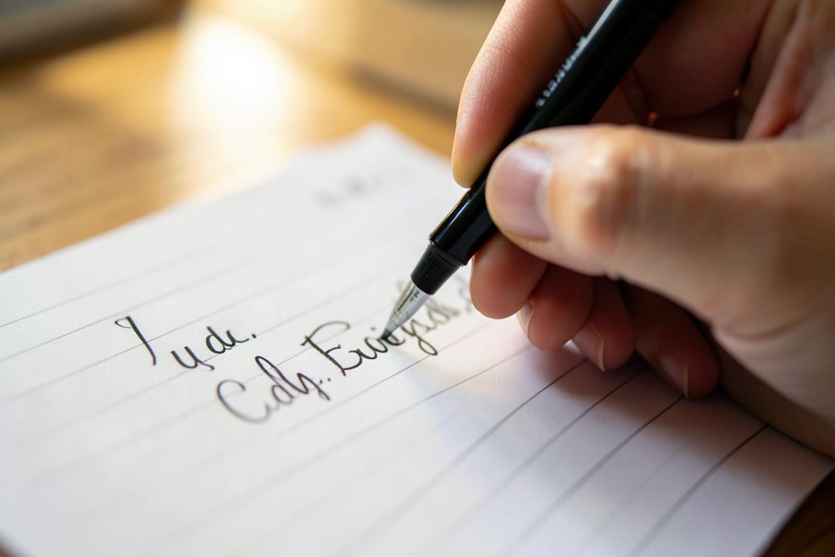 Hand practising elegant handwriting on a worksheet